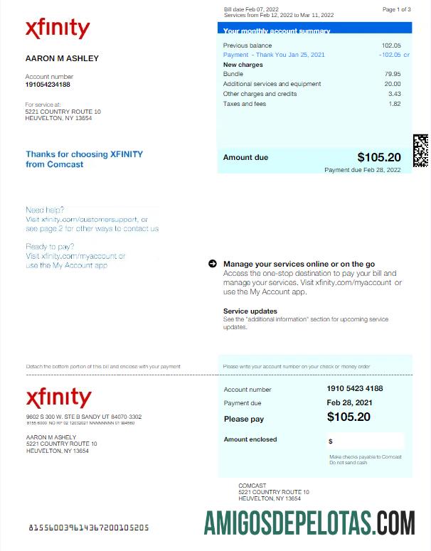 em branco Modelo Word e PDF de fatura de serviços públicos XFINITY dos EUA, versão 2